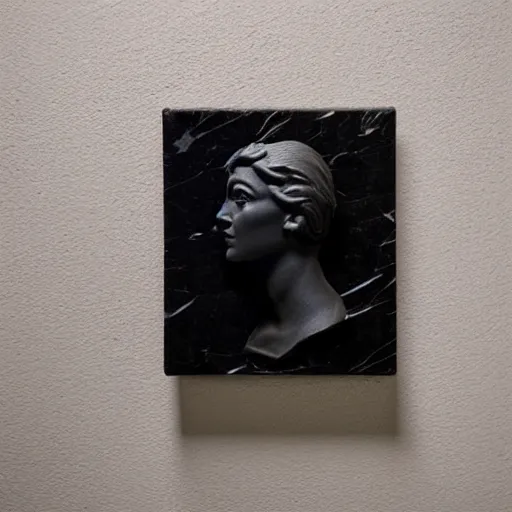 Prompt: three dimensional illusion portrait sticking out of a wall. black marble. cast iron. human. candle light