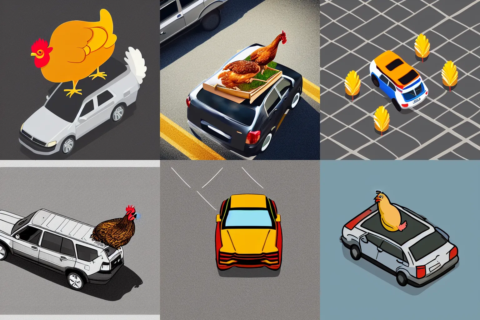 Prompt: chicken on top of a car, isometric view