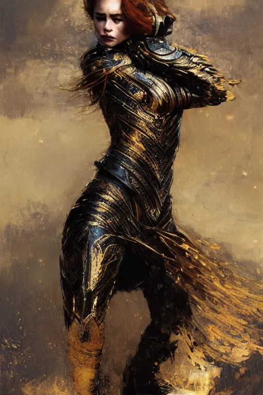 Prompt: redhead emilia clarke wearing black and gold geometric armour, bare legs, detailed, by gaston bussiere, bayard wu, greg rutkowski, giger, maxim verehin, greg rutkowski, masterpiece, sharp focus, cinematic lightning