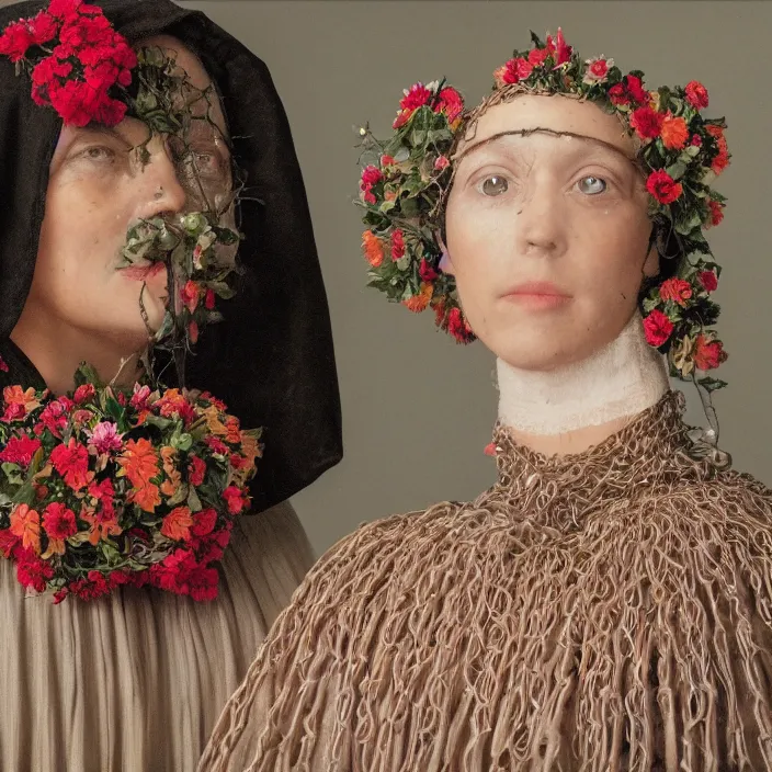 Image similar to a closeup portrait of a woman wearing a hood made of wire and zinnias, in an abandoned office building, by jan van eyck, canon eos c 3 0 0, ƒ 1. 8, 3 5 mm, 8 k, medium - format print