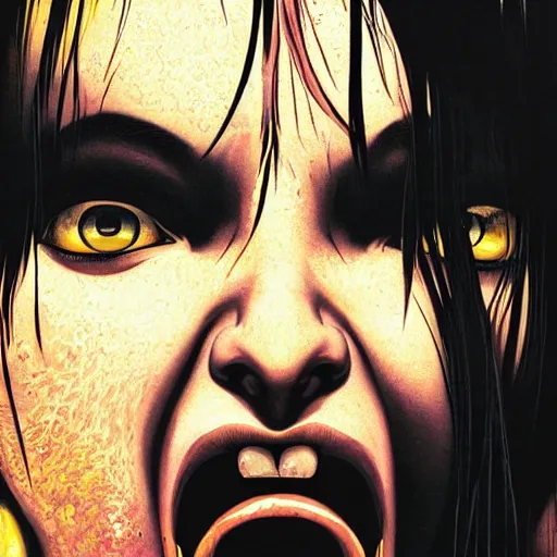 Image similar to portrait closeup of crazy screaming lara croft, symmetrical, cinematic colors, by yoichi hatakenaka, masamune shirow, josan gonzales and dan mumford, ayami kojima, takato yamamoto, barclay shaw, karol bak, yukito kishiro