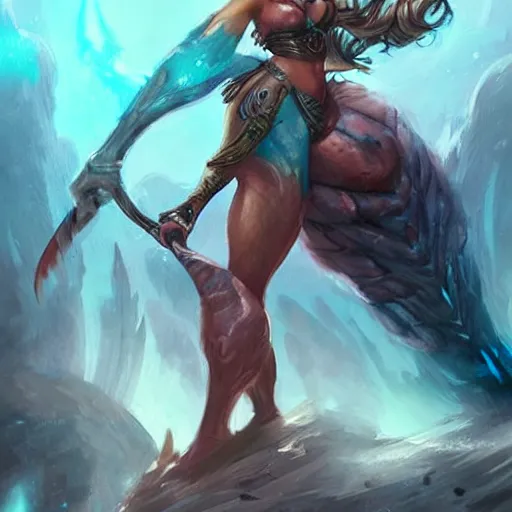 Image similar to triton girl having a great time riding on a goliath's shoulders, dnd concept art, painting by ross tran