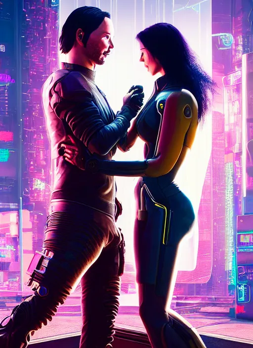 Image similar to a cyberpunk 2077 couple portrait of a Keanu Reeves as johnny silverhand and a female android in final kiss,love,fantasy, intricate, elegant,film lighting,artstation,deviantart,FAN ART,full of color,Digital painting,face enhance,highly detailed,8K,octane,golden ratio,cinematic lighting