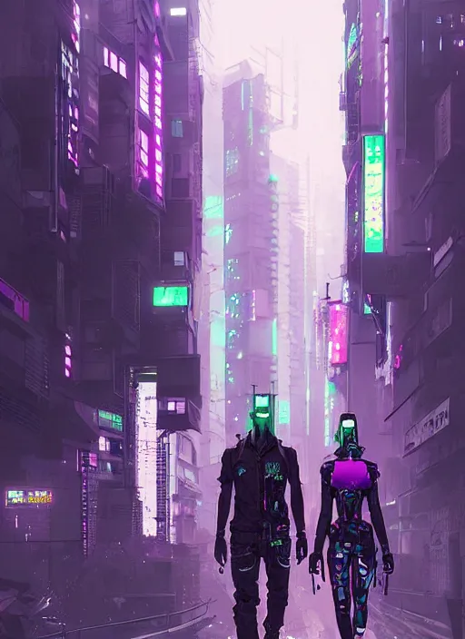 Image similar to cyberpunk metal hunters walking in shinjuku, green and purple hour by ismail inceoglu