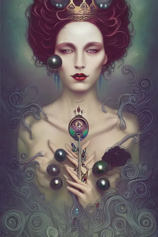 Image similar to black Crown with iridescent pearls, jewels, other worldly, art nouveau, by Anato Finnstark, Tom Bagshaw, Brom