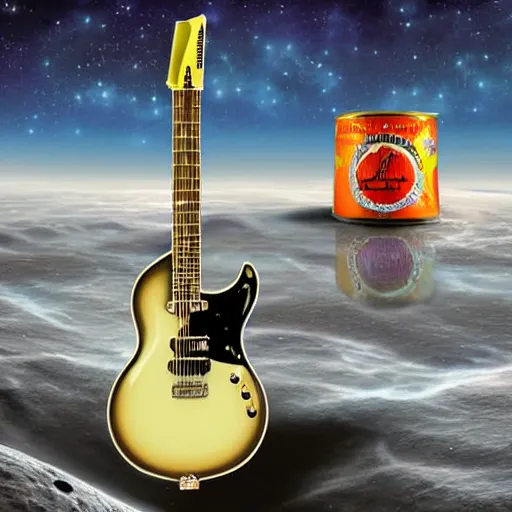 Image similar to a detailed, realistic, idle, regular sized electric guitar next to a detailed, realistic, idle, regular sized beer can on the moon. detailed photo. realistic photo. art deco style