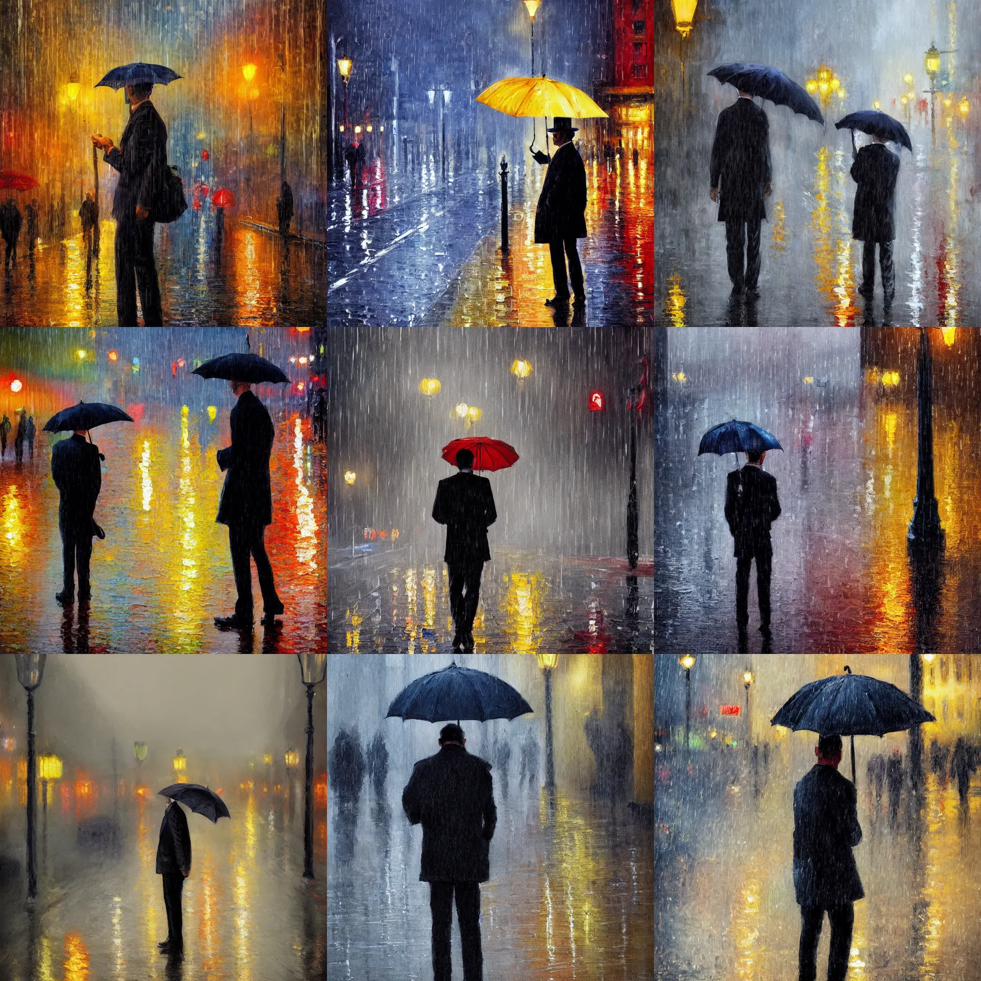 Prompt: painting of a man with an umbrella standing under the rain, trending on artstation, ambient lighting, impressionism, high quality