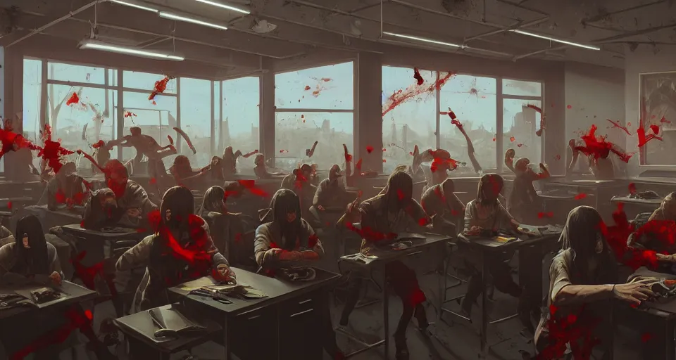 Prompt: highly detailed modern high school classroom with attacking zombies in gta v, horrible bloody flesh, stephen bliss, unreal engine, fantasy art by greg rutkowski, loish, rhads, ferdinand knab, makoto shinkai and lois van baarle, ilya kuvshinov, rossdraws, tom bagshaw, global illumination, detailed and intricate environment