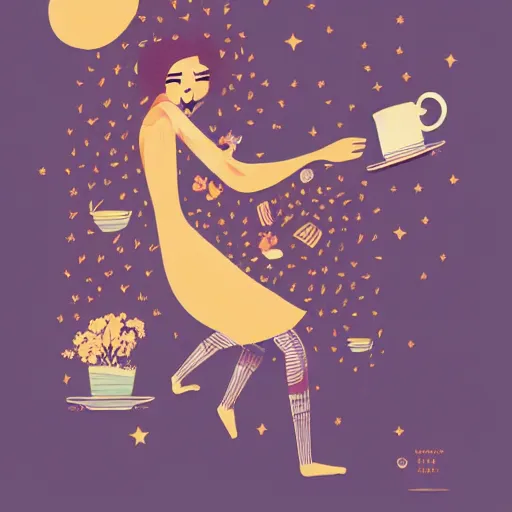 Image similar to illustration of a girl having a cup of coffee, happy feeling, waking up, by malika favre and victo ngai