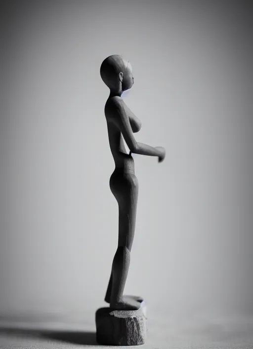 Image similar to still wooden figurine of a human, personification, detailed product photo, 8 k, 8 5 mm, f. 1 4, beautiful composition, x - ray aura monochrome