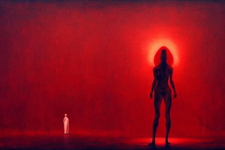 Image similar to only with red, a red angel announce the win, at the gates of a rich renaissance city, pathos, in the style of beksinski, part by hopper, part by rodcenko, part by hofbauer, intricate composition, red by caravaggio, insanely quality, highly detailed, masterpiece, red light, artstation