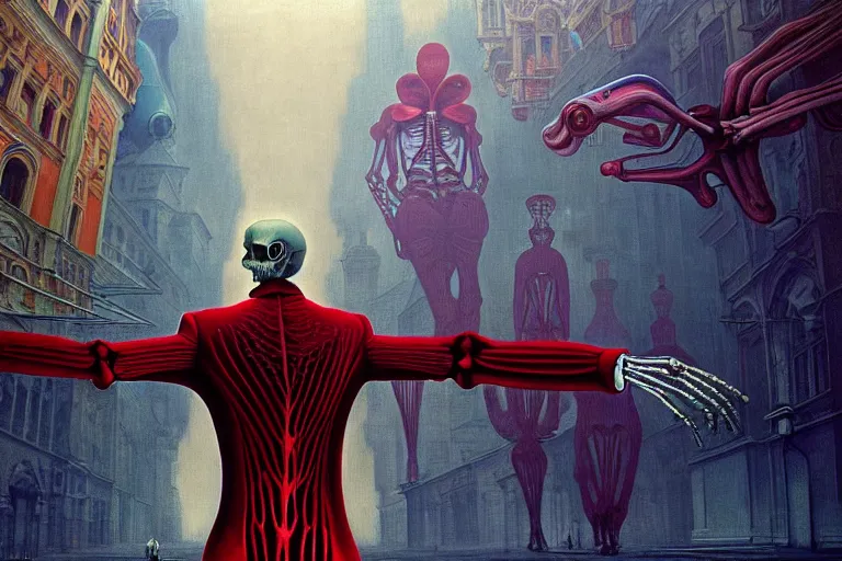 Image similar to realistic detailed photorealistic film portrait shot of a single skeleton wearing crimson velvet blazer in a crowded futuristic moscow street by Denis Villeneuve, Amano, Yves Tanguy, Alphonse Mucha, Ernst Haeckel, Andrei Tarkovsky, Edward Robert Hughes, Roger Dean, rich moody colours, wide angle, blue eyes