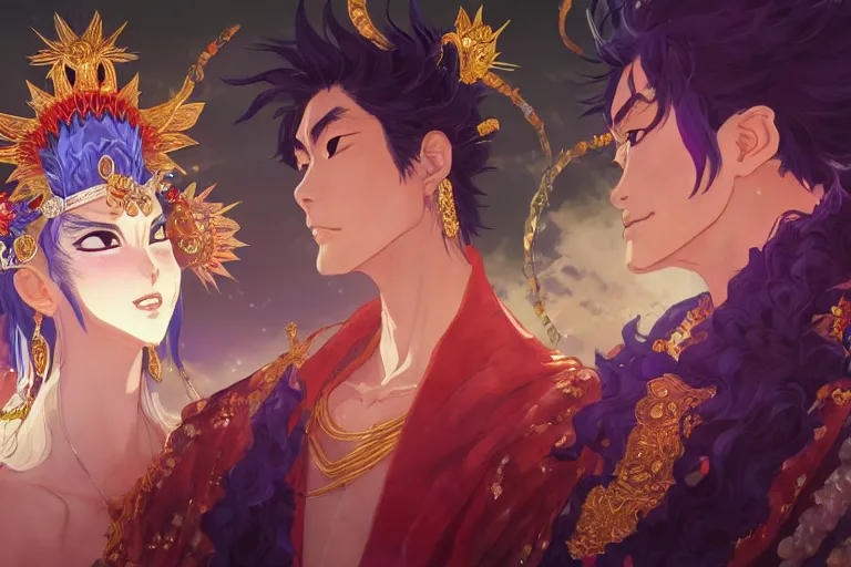 Image similar to close up moment of a divine a japan sun god and a moon goddess lovers magician at a wedding banquet, highly detailed, d & d, fantasy, 4 k realistic, digital painting, trending on artstation, concept art, sharp focus, illustration, art by makoto shinkai and akihiko yoshida and daniel gerhartz