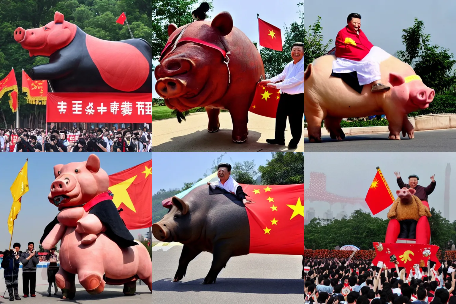 Prompt: xi jinping riding a giant pig while holding a banner