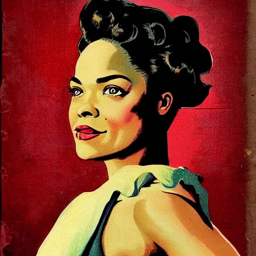 Image similar to “Tessa Thompson portrait, color vintage magazine illustration 1950”