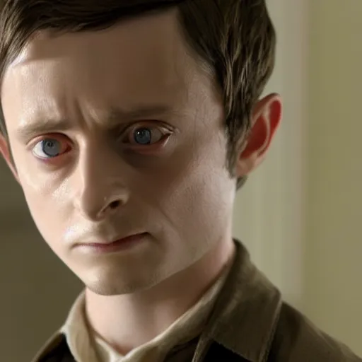 Image similar to Film Still of a elijah wood playing Harry Potter, Film Still, realistic, hyperrealistic, very realistic, very very realistic, highly detailed, very detailed, extremely detailed, detailed, detailed face, very detailed face, very detailed face, realism, HD Quality, 8k resolution, intricate details, body and head in frame, Real Life