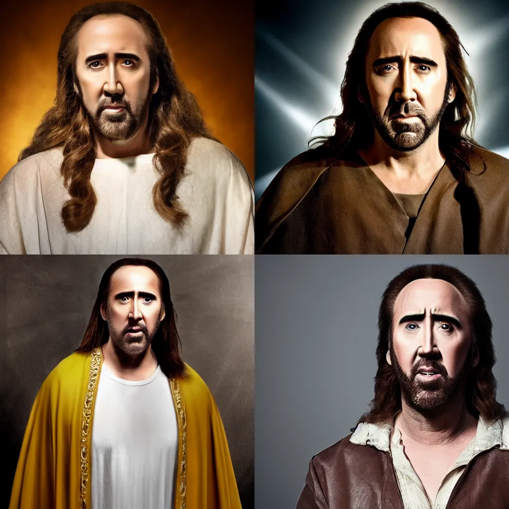 Prompt: Nicolas Cage as Jesus Christ for an upcoming movie directed by Ridley Scott, promo shoot, studio lighting