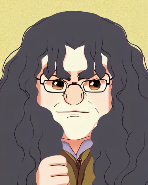 Image similar to Hagrid in cute anime style, portrait of fantasy man, detailed realistic beautiful, lofi colors, smooth, artistic, mellow and soft, sharpen high quality, in style of Ghibli