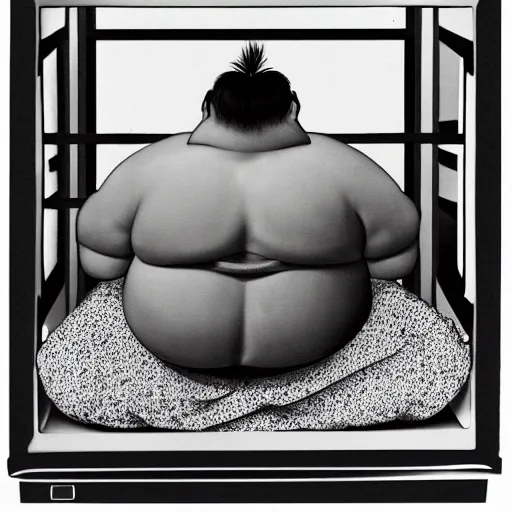 Image similar to photograph of a sumo wrestler trapped inside of a microwave