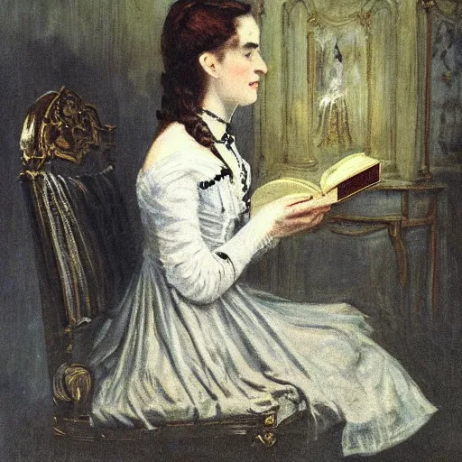 Image similar to scared victorian lady reading a book with an occult symbol on the cover, painted by alfred stevens