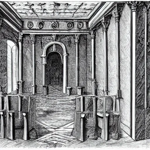 Prompt: ruins of a medieval throne room with all seats replaced by people encased in crystal, perspective from the entrance, dark, handdrawn