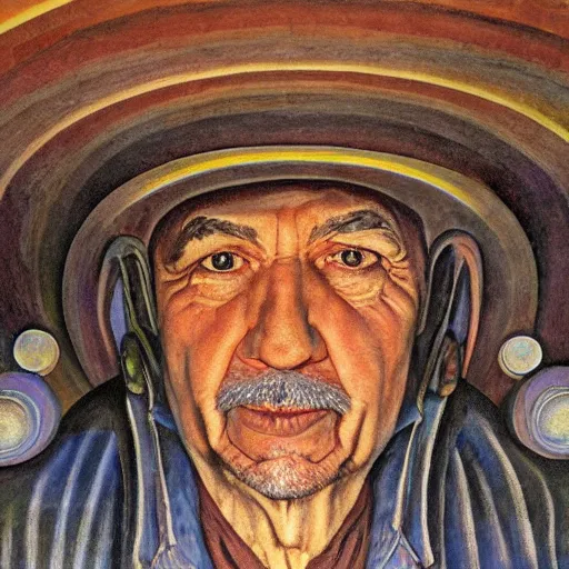 Prompt: mural of ancient ufo experiencer, charles abel corwin, frank lloyd wright, don ivan punchatz, highly detailed, hyper realism, sharp focus, detailed faces