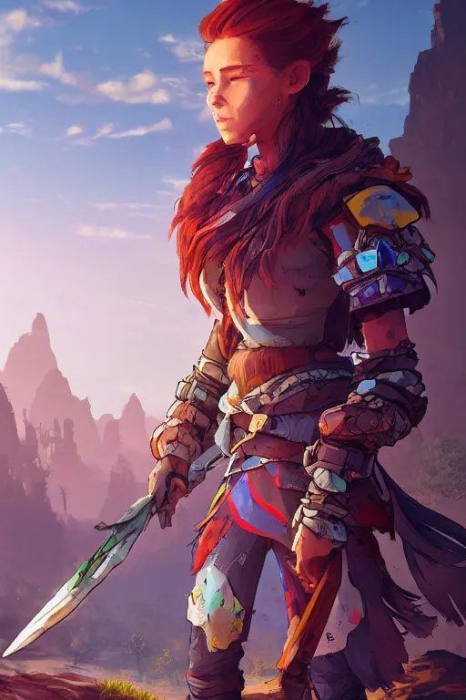 Image similar to combination suit armor aloy horizon forbidden west horizon zero dawn radiating a glowing aura global illumination ray tracing hdr fanart arstation by ian pesty and alena aenami artworks in 4 k tribal robot ninja mask helmet backpack