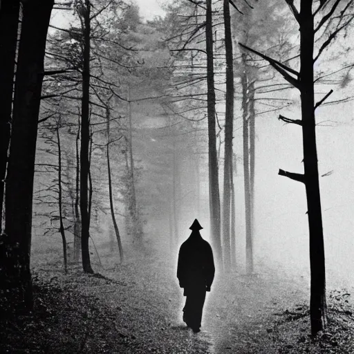 Prompt: old photograph of an alien walking through an eerie forest