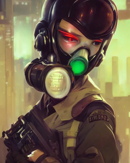 Image similar to anime key visual of a young female swat officer, neon, gas mask, cyberpunk, futuristic, stunning, highly detailed, digital painting, artstation, smooth, soft focus, illustration, art by artgerm and greg rutkowski and alphonse mucha