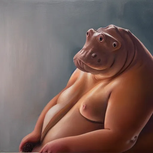 Prompt: A humanoid hippo wearing a towel sitting in a steamy sauna, oil painting, hyperrealism