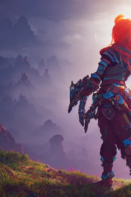 Image similar to combination suit armor aloy horizon forbidden west horizon zero dawn radiating a glowing aura global illumination ray tracing hdr fanart arstation by ian pesty and alena aenami artworks in 4 k tribal robot ninja mask helmet backpack