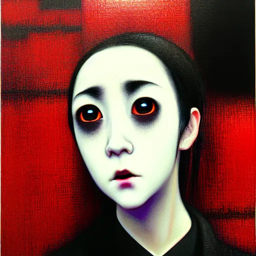 Image similar to yoshitaka amano blurred and dreamy realistic portrait of a young woman with black lipstick and black eyes wearing office suit with tie, junji ito abstract patterns in the background, satoshi kon anime, head turned to the side, noisy film grain effect, highly detailed, renaissance oil painting, low camera angle, blurred lost edges