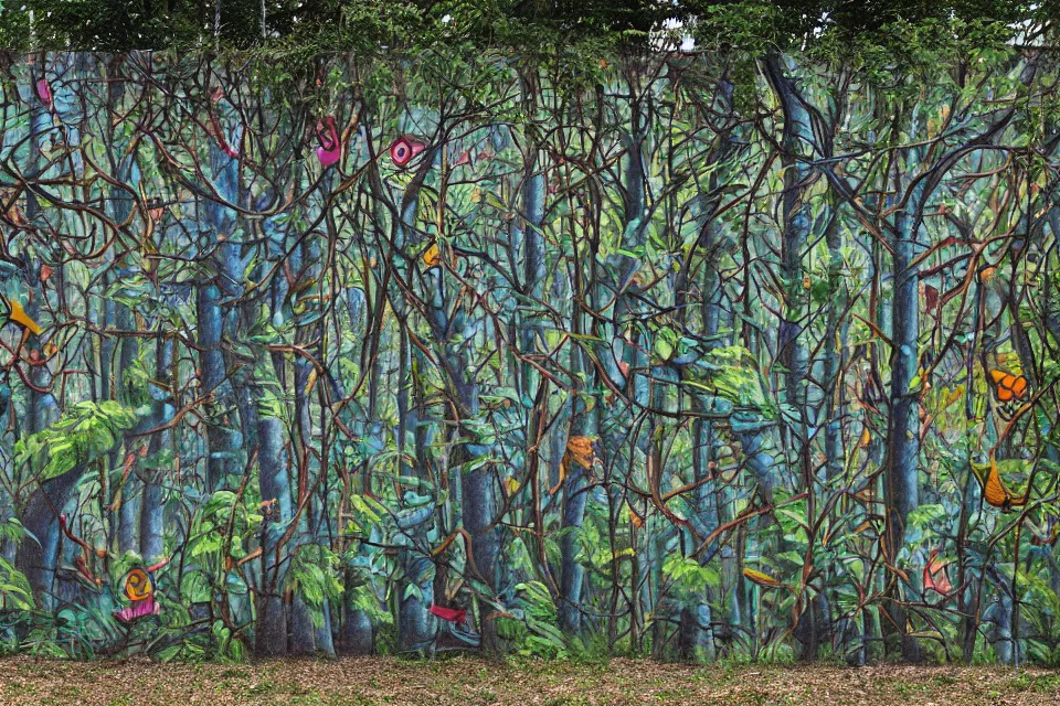 Prompt: graffiti of a forest on a wall, by birdo, alex maksiov and john pugh, anamorphic, surreal