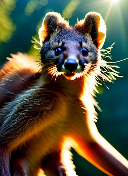 Prompt: A beautiful scene from a 2022 fantasy film featuring a humanoid pine marten in loose clothing. An anthropomorphic pine marten wearing a white shirt. Golden hour.