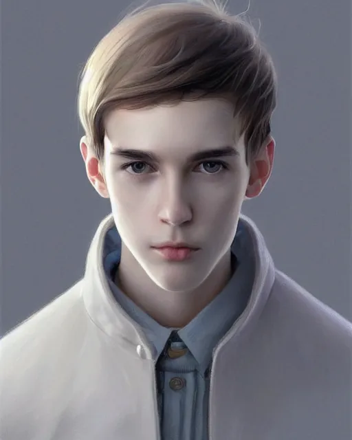 Image similar to portrait of 1 5 - year - old boy, a tall, slender boy with a pale, pointed face, sleek blond hair, and ice grey eyes, cold grey eyes, highly detailed, digital painting, artstation, concept art, smooth, sharp focus, illustration, art by artgerm and greg rutkowski and alphonse mucha