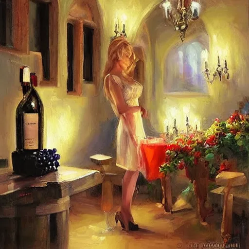 Prompt: wine cellar full of food, torches on the wall, schnapps!, romantic, inviting, cozy, blonde! woman, painting Vladimir Volegov