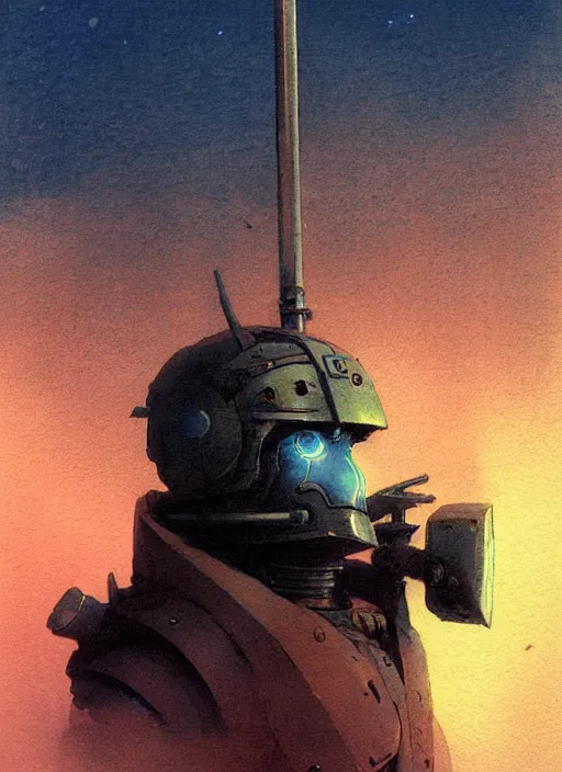 Prompt: vintage anime cinematic robot warrior with helmet emerging from moonlit post-apocalyptic city skyline by Ivan Aivazovsky, watercolor concept art by Syd Mead, by william herbert dunton, watercolor strokes, japanese woodblock, by Jean Giraud