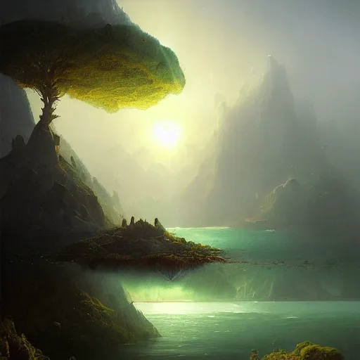 Image similar to ''cinematic shot'' of a floating small island with big castle on top of it made of vegetation made by ivan aivazovsky, peter mohrbacher, greg rutkowski volumetric light effect broad light oil painting painting fantasy art style sci - fi art style realism premium prints available artwork unreal engine