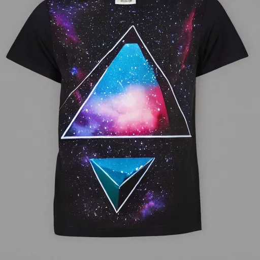 Image similar to photo of a t - shirt with a cool galactic print in a triangular pyramid shape on the chest in the style of maximalism, product photo