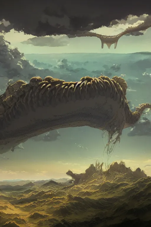 Image similar to giant leviathan flying over the mountains, clouds and sky, inspired by Nausicaa of the Valley of the Wind, Studio Ghibli, Hayao Miyazaki, 8k, 4k, UHD, HDR, photorealistic, 3D, digital painting, matte painting, environment design, by Victor Nava, Artstation, Steampunk, Hieronymus Bosch, Golden dappled dynamic lighting, Highly Detailed, Theophanic atmosphere, Cinematic Lighting, Unreal Engine, 8k, HD