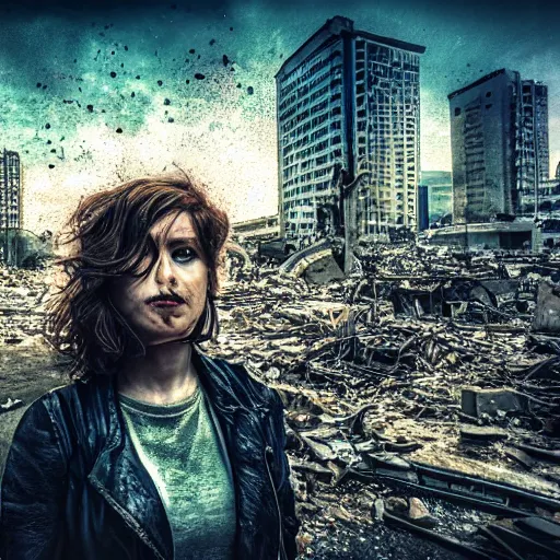 Image similar to pretty face, wide angle lens, photorealistic, 4k, background of destroyed city, post apocalyptic landscape, steakpunk, soft lighting, portrait