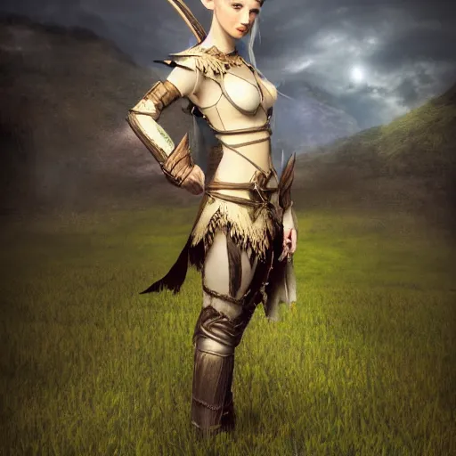 Prompt: fantasy portrait of an elf warrior with a field in the background