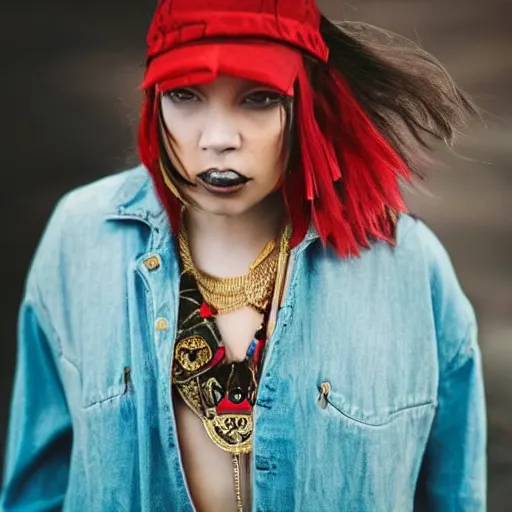 Prompt: high quality photo of a beautiful woman wearing tribe clothes. moody and melanchony with accents of gold, red and cyan.