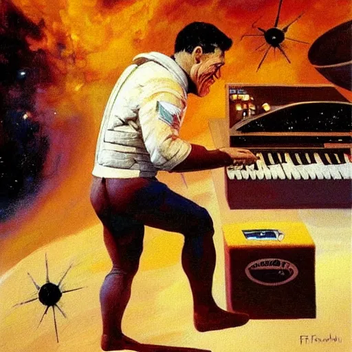 Image similar to astronaut playing keyboard by frank frazetta, digital painting, digital art