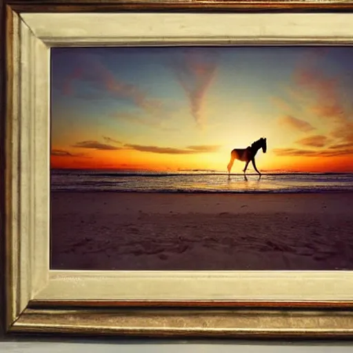 Image similar to epic glorious war horse on the beautiful beach during sunset, david lachapelle, old photo, vintage