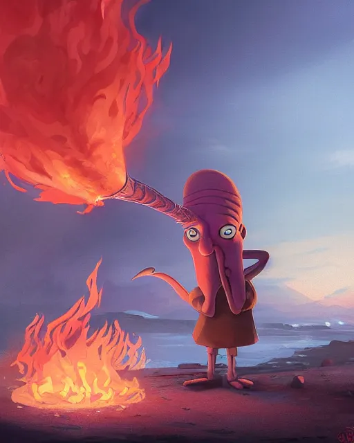 Image similar to wide shot, detailed photorealistic ( cartoony ) face, squidward, wearing fire nation clothing and practicing firebending outside at susnset, [ greg rutkowski ]