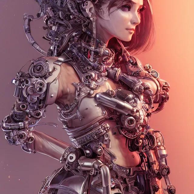 Image similar to the portrait of true neutral semi - colorful female cyborg mechanist as absurdly beautiful, gorgeous, elegant, young woman looking up, an ultrafine hyperdetailed illustration by kim jung gi, irakli nadar, intricate linework, bright colors, octopath traveler, final fantasy, unreal engine 5 highly rendered, global illumination, radiant light, detailed and intricate environment