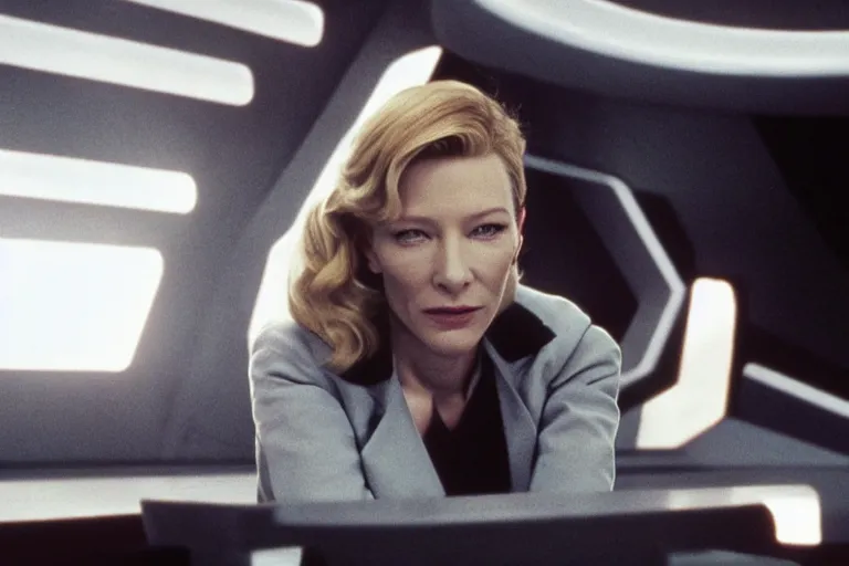 Image similar to cate blanchett on the bridge of a starship,retro, movie still