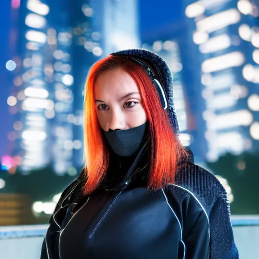 Image similar to photographic portrait of a techwear woman, closeup, on the rooftop of a futuristic city at night, sigma 8 5 mm f / 1. 4, 4 k, depth of field, high resolution, 4 k, 8 k, hd, full color