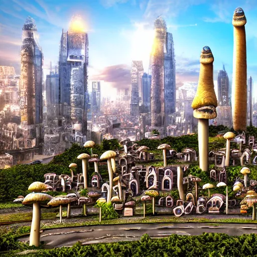 Image similar to city made out of mushroom housing, realistic, hdr, hdd, clear image,